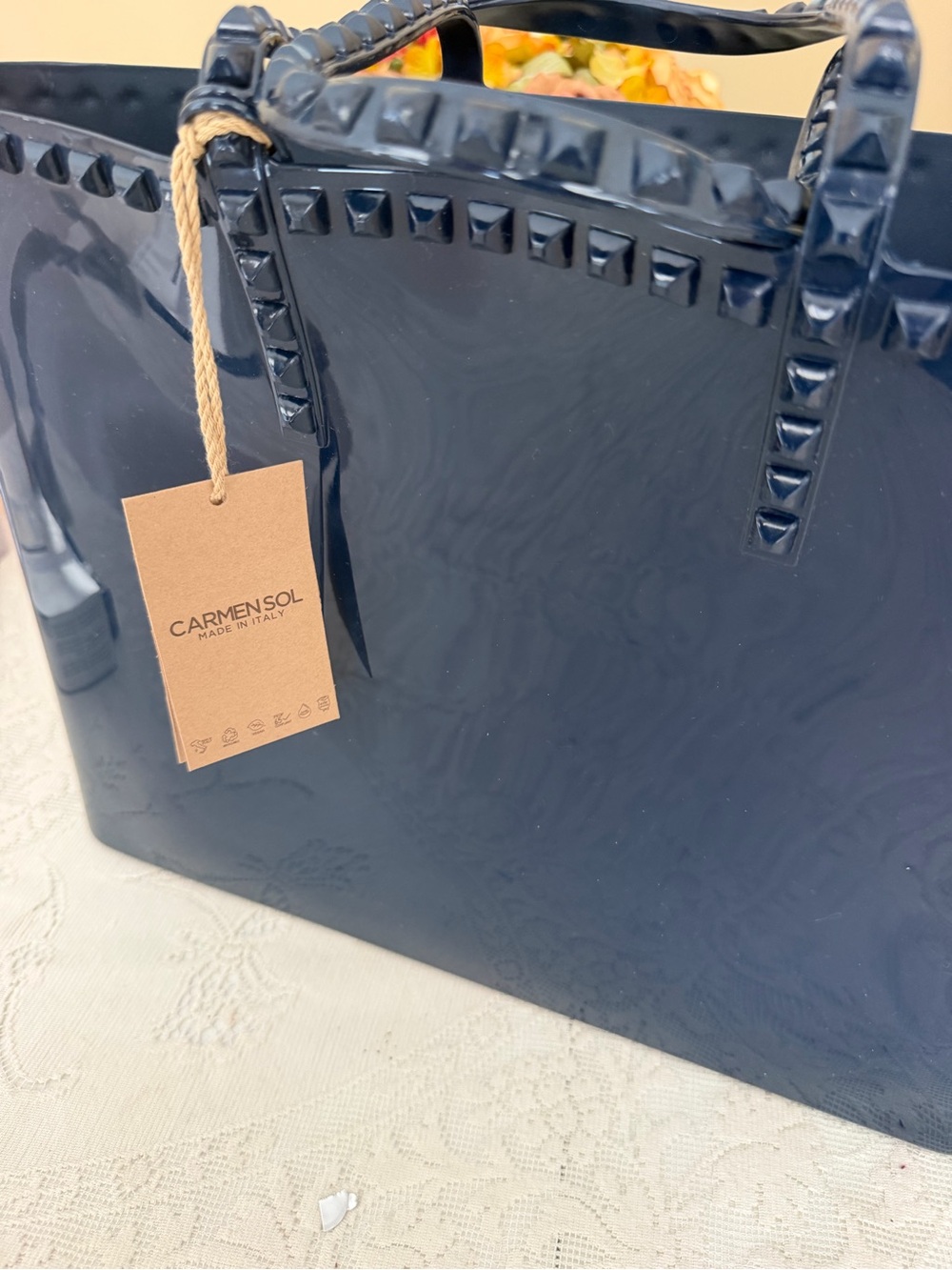 Carmensol Navy Patent Stud-Trim Tote